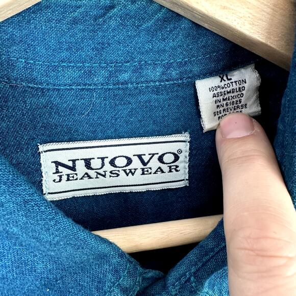 Vintage Nouvo Teal Blue Denim Button Down Short Sleeve Shirt Men's XL 90s Y2K - Picture 6 of 7